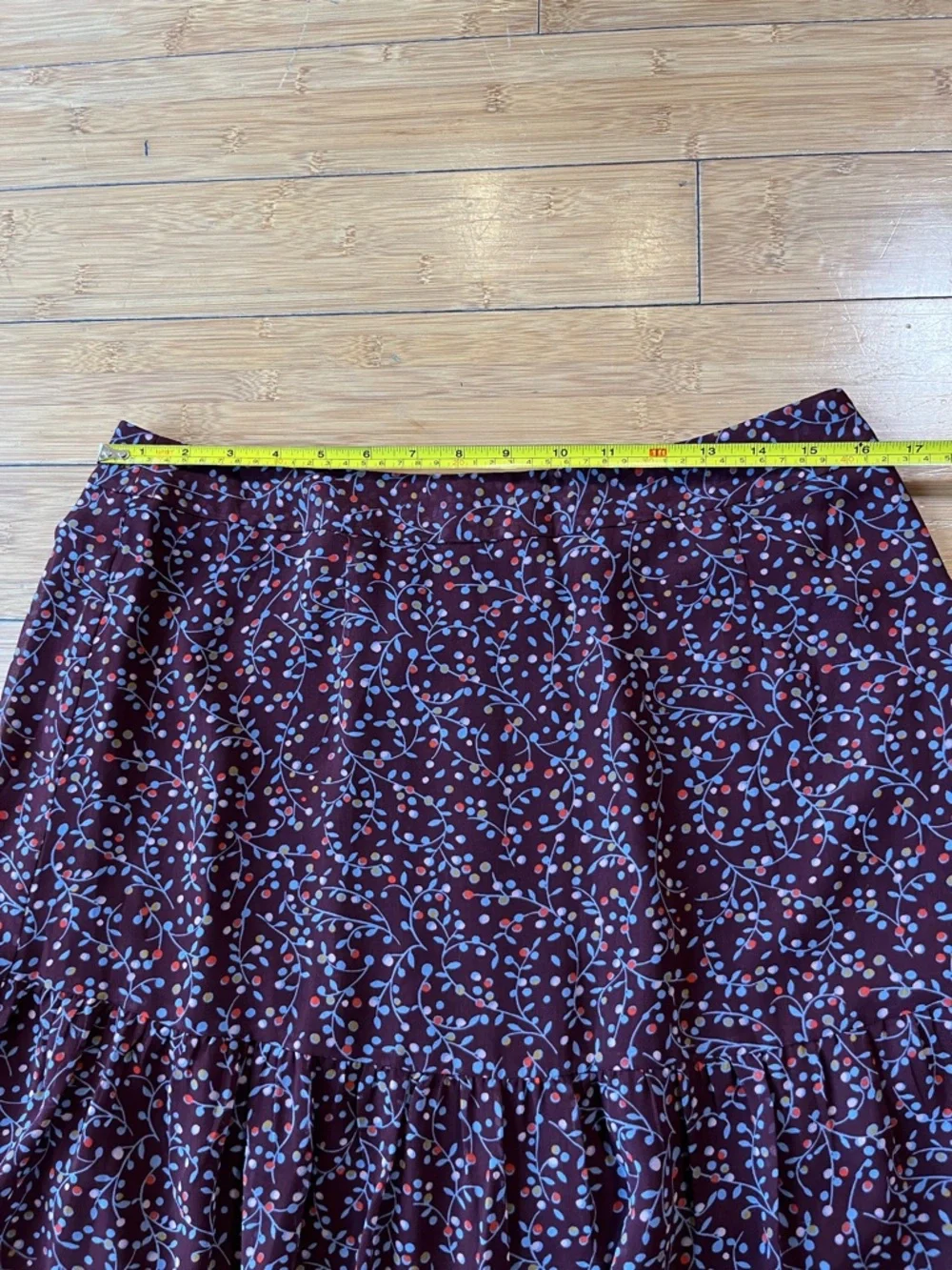 Boden Burgundy Midi Skirt with Light Blue Floral Vine Print SZ 10